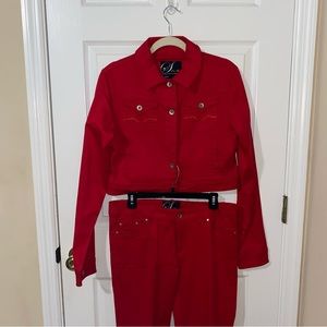 Red Jean Jacket and Pants Outfit